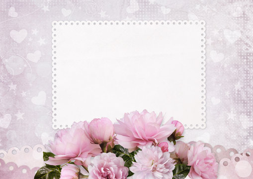 Greeting card with space for text and pink roses