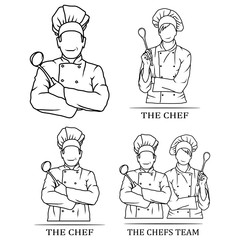 Vector illustration of a set of chef team. Logo of a man with a chef's spoon and a woman chef in a white uniform. Chef tunic