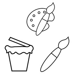 Vector illustration of brushes for drawing with a palette and a bucket of paint. Logo of art school, class, gallery or museum.