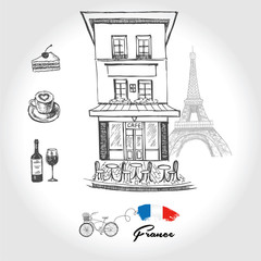 Set of hand drawn French icons, Paris sketch illustration
