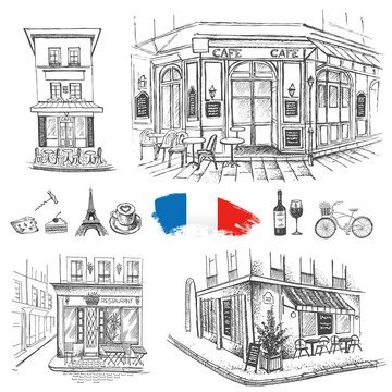 Set of hand drawn French icons, Paris sketch illustration
