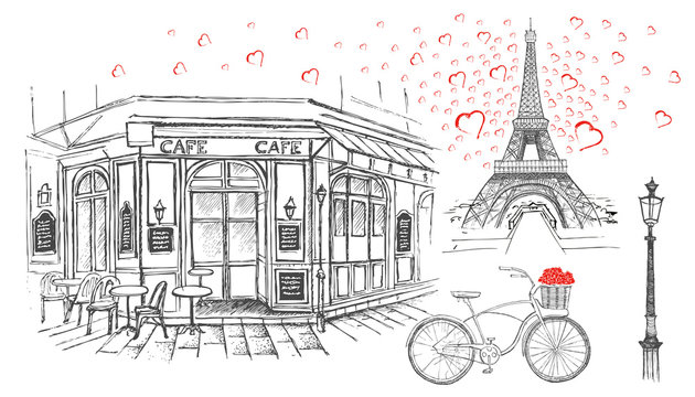Set of hand drawn French icons, Paris sketch illustration
