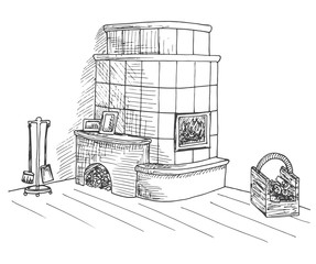 Fireplace in the corner of the room. Vector illustration in a sketch style.