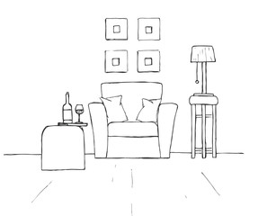Armchair, coffee table with a glass and bottle. Lamp on a high stool. Hand drawn vector illustration of a sketch style.