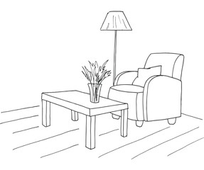 Armchair, table with a vase. Floor lamp. Hand drawn vector illustration of a sketch style.