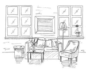 Modern interior of the room. Sofa, in front of the sofa is a table. Nearby is an armchair and a floor lamp. Vector illustration in a sketch style
