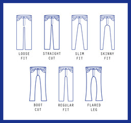 Denim fit icon set. Different type of jeans and trousers. Line vector icon silhouette