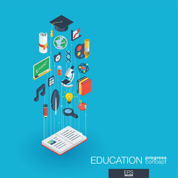 Education integrated 3d web icons. Digital network isometric progress concept. Connected graphic design line growth system. Abstract background for elearning, graduation and school. Vector Infograph