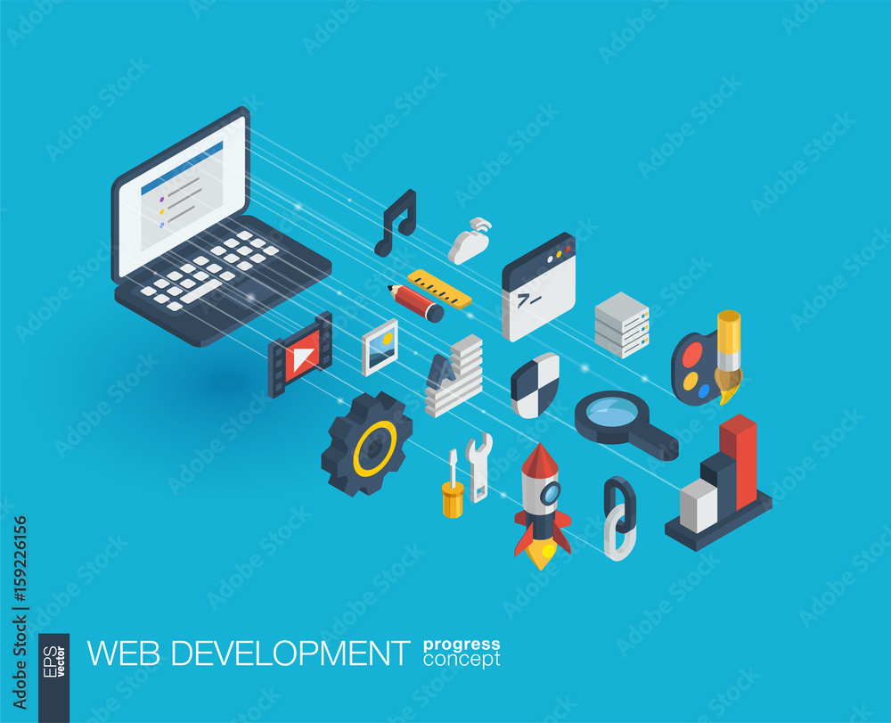 Wall mural web development integrated 3d icons. digital network isometric progress concept. connected graphic d