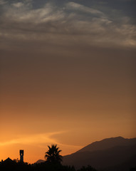 Sunset scenery with palm tree and hills, dessert like