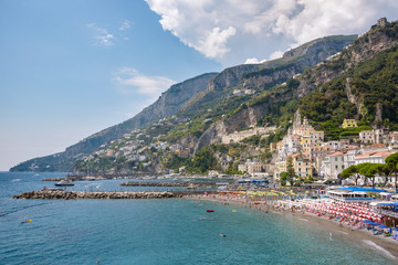 View of beach and port in Amalfi town