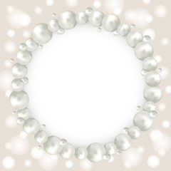 Pearl beads round frame on beige bokeh background. Wedding invitation white pearls background. Realistic Vector illustration
