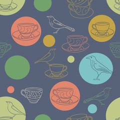 Tea time. Seamless background with teacups and birds. Vector illustration.