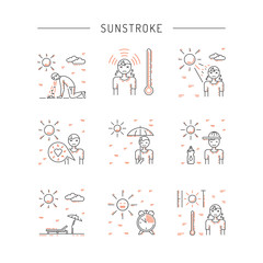 Vector icons on the theme of solar impact and protection measures during exposure to the sun in hot weather. Icons sunstrocke in outline style.