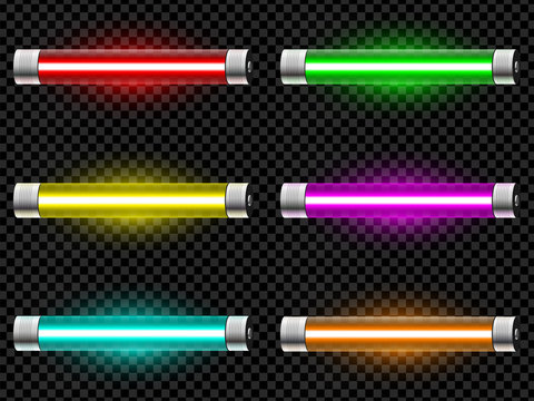 Realistic neon tube light pack isolated on dark transparent background. Vector illustration