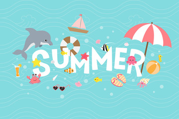 Summer text with sea creatures on blue water pattern background 