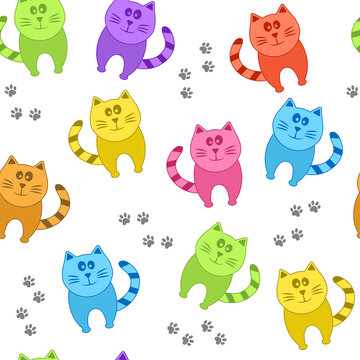 Colored cats and paw prints, seamless pattern, vector