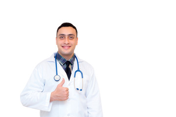 Fototapeta premium male doctor hand showing thumbs up on white background.