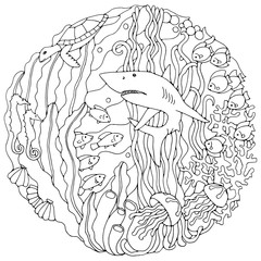 Decorative element with a shark, algae, fish, corals, turtle, shells. Black and white vector illustration for coloring pages or other.