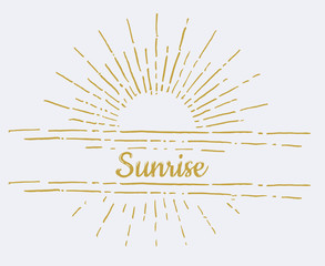 Linear drawing of sunrise. Vintage style of the image. Hipster style. Light rays of burst. Handdrawn vector illustration