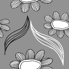 Hand drawn pattern with decorative floral ornament. Stylized graphic black and white flowers and leaves. Summer spring neutral background. Vector illustration