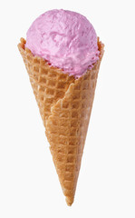 Pink ice cream in a waffle cone
