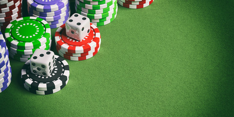 Casino chips on green felt 3d illustration