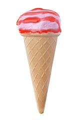 Pink ice cream with strawberry sauce in a waffle cone