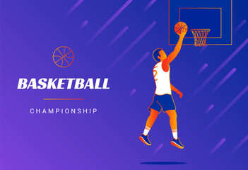 Fototapeta na wymiar Basketball championship promo banners cover. Modern line vector illustration of basketball player jumping with the ball to the basket. Gradient design for poster or sport banner
