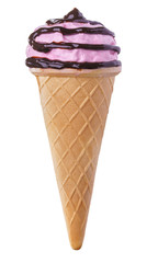 Pink ice cream with chocolate sauce in a waffle cone