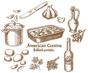 Baked potatoes and ingredients
