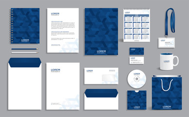 Corporate identity design template with dark blue geometric background
