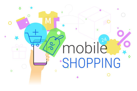 Mobile shopping on smartphone concept illustration. Human hand holds smart phone with app for fast ordering and buying goods and services with promo price and discounts. Creative e-commerce banner