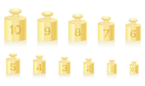 Golden weight masses for gold scale - set from one to ten, plus a half unit - isolated vector illustration on white background.
