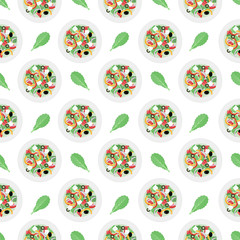 Seamless pattern with salad bowls. Tomatoes, olives, peppers, onions and cheese.