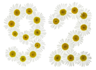 Arabic numeral 92, ninety two, from white flowers of chamomile, isolated on white background