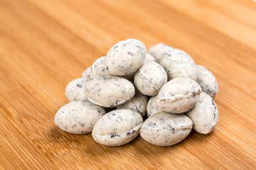 Cookies and cream eggs on a wood background