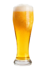 A glass of cold beer with foam, clipping path, bubbles in a drink, on a white background, isolated