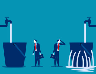 Businessman and leaking bucket. Contrast between business. Vector illustration. © zenzen