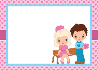 Vector Valentine's Card Template with Cute Little kids on Hearts Background. 