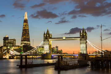 Naklejka premium Magnificent view of Tower Bridge, the Shard and the River Thames at night, London, Uk.