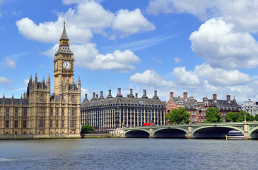 Fototapeta na wymiar Big Ben clock tower, also known as Elizabeth Tower is near Westminster Palace and Houses of Parliament on the Thames River in London has become a symbol of England and Brexit discussions