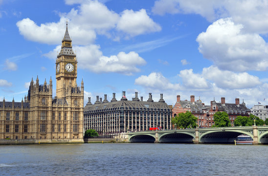 Big Ben clock tower, also known as Elizabeth Tower is near Westminster Palace and Houses of Parliament on the Thames River in London has become a symbol of England and Brexit discussions
