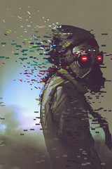 Naklejka premium the man cyborg in a futuristic mask with glitch effect, digital art style, illustration painting