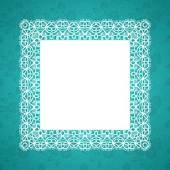 Square lace frame with a place for text. Background for wedding invitation, greeting card. Vector Illustration