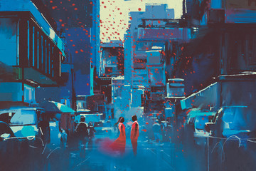 couple in red standing in blue city with digital art style, illustration painting