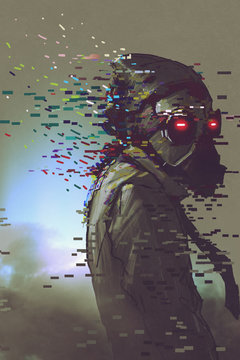 the man cyborg in a futuristic mask with glitch effect, digital art style, illustration painting