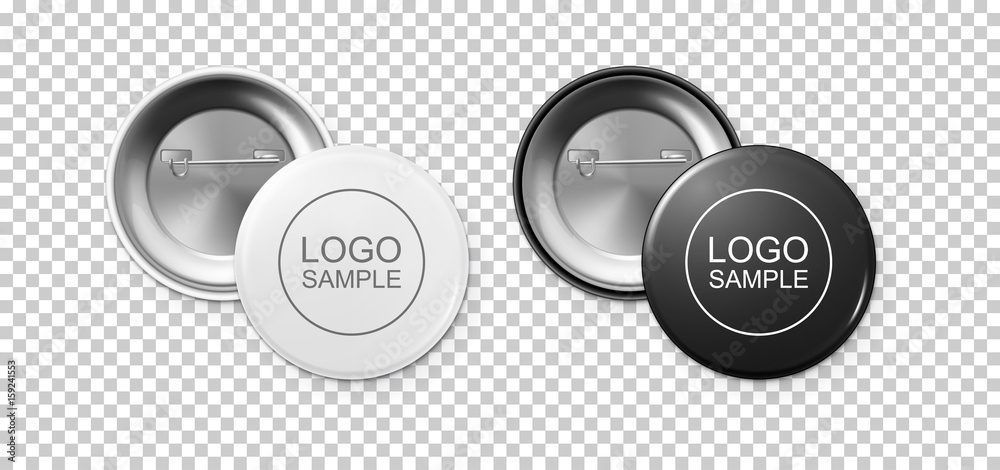 Wall mural realistic white and black button badge icon set isolated on transparent background. front and back v
