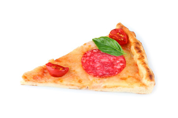 Piece of pizza with salami isolated on white