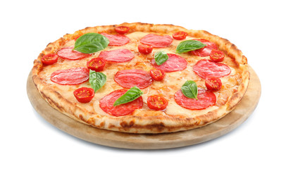 Pizza with salami isolated on white
